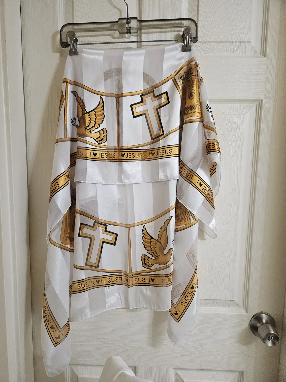 White & Gold Religious Print Satin Scarf - Picture 2 of 12